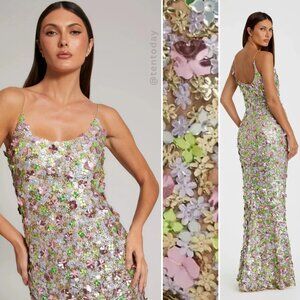 $698 Mac Duggal Size 4 Pink Green Gold Multicolor 3D Floral Long Maxi Gown Dress